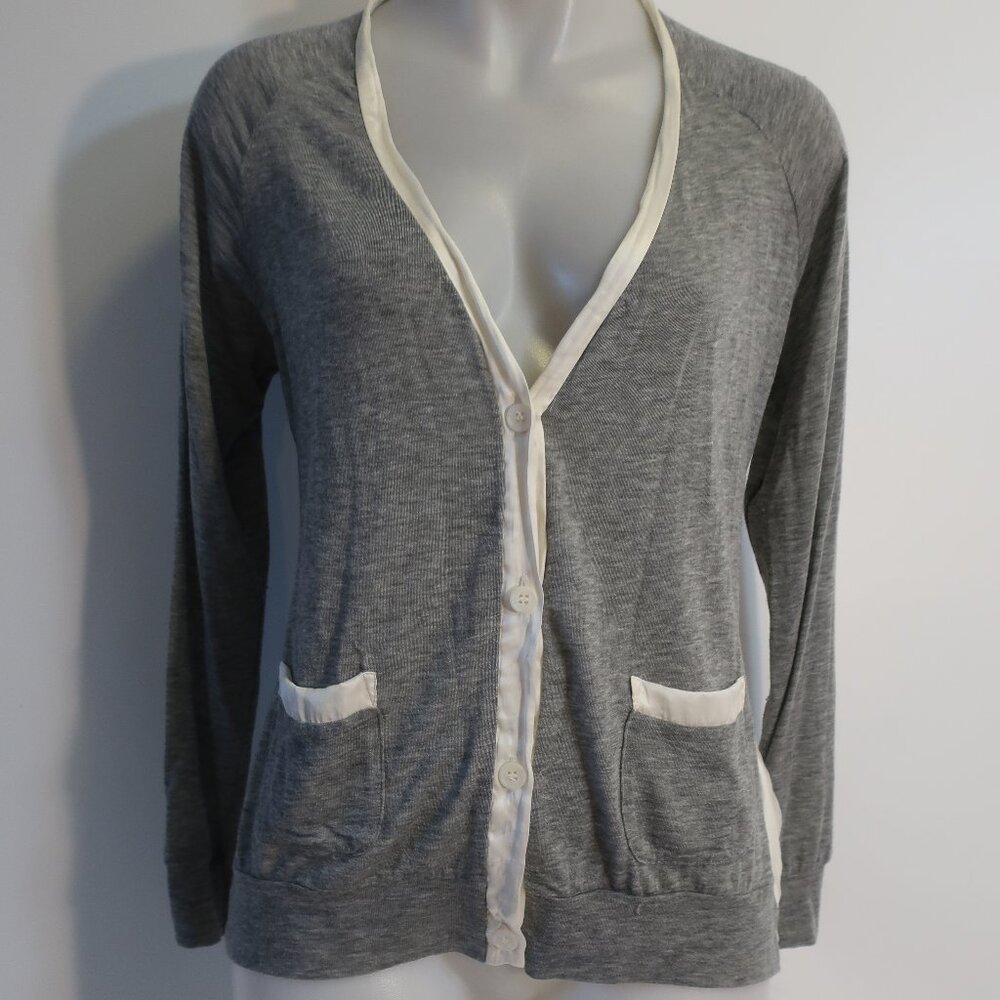 Womens Clu Gray Ivory Mixed Media Jersey Satin V-Neck Back Twist Cardigan M